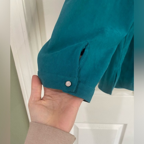 CJ Banks Button Up Faux Suede Shirt Womens 1X Teal Long Sleeve Plus Western - Picture 9 of 14